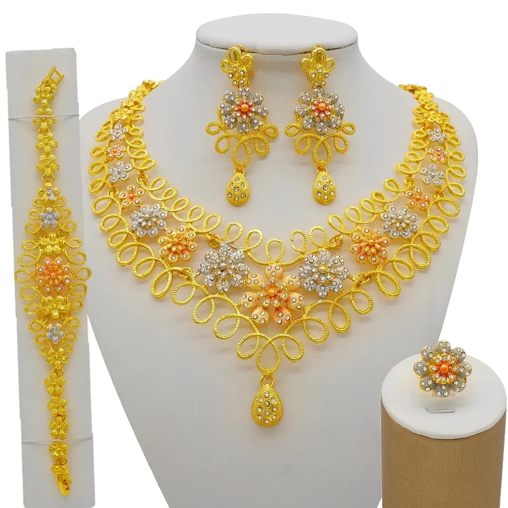 Necklace Sets For Women Dubai African Gold Color Jewelry Set Bride Earrings Rings Indian Nigerian Wedding Jewelery Set Gift