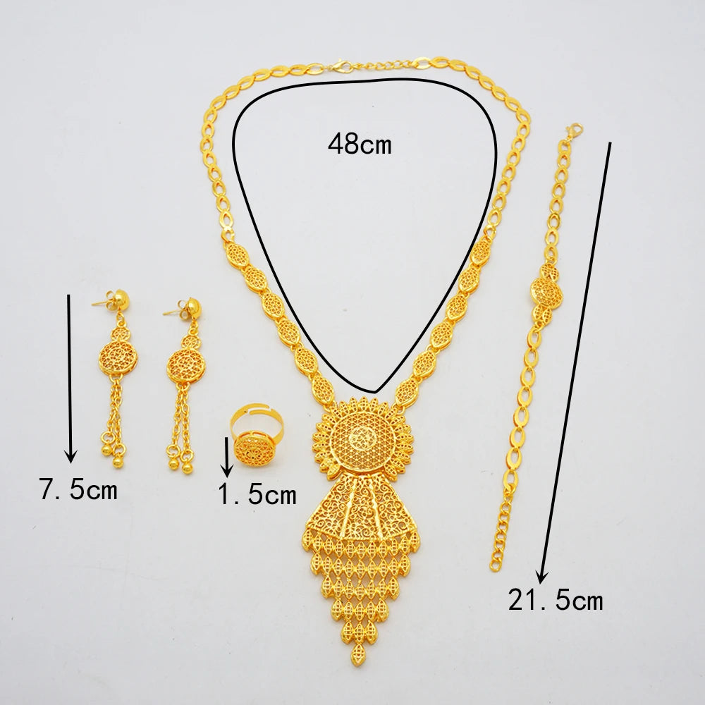 African Ladies Dubai 24k Gold Plated Long Necklace Set Bridal Banquet Wedding Jewelry Set Accessories