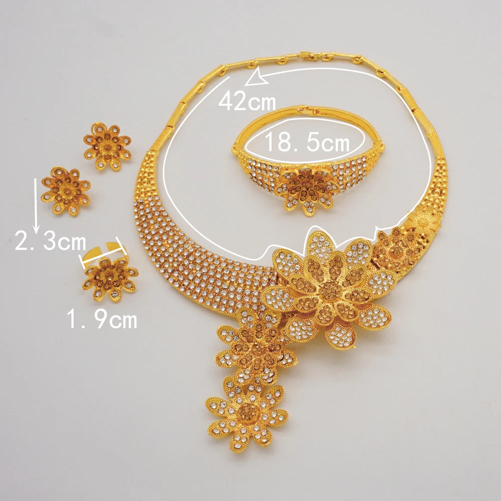 Dubai Gold Color Jewelry Set For Woman Bridal Nigerian African Long Chain Necklace Earrings Bracelet Ring Jewellery Set