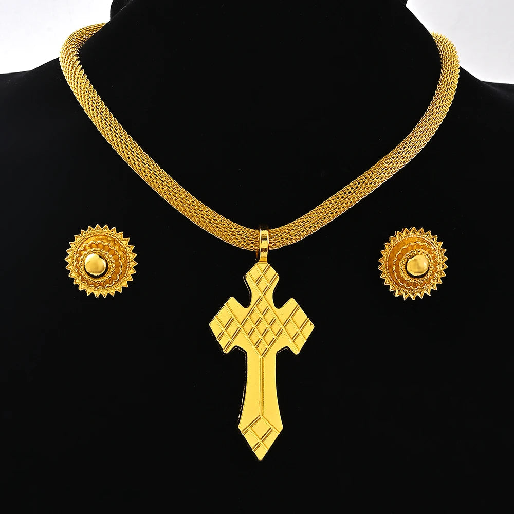Saudi Arabia 24K Gold Color Ethiopia Women Jewelry Necklace Earring African Arab Bridal Set Habesha Eritrea Party Gift