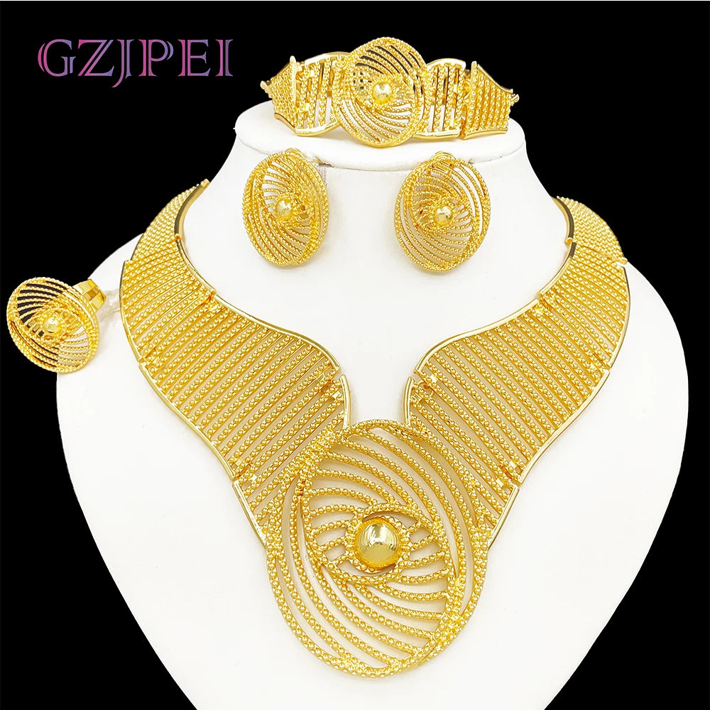 Africal Gold Color Big Jewelry Set Hollow Out Design Necklace Bracelet Earring Ring For Women Bridal Wedding Jewellery Gift