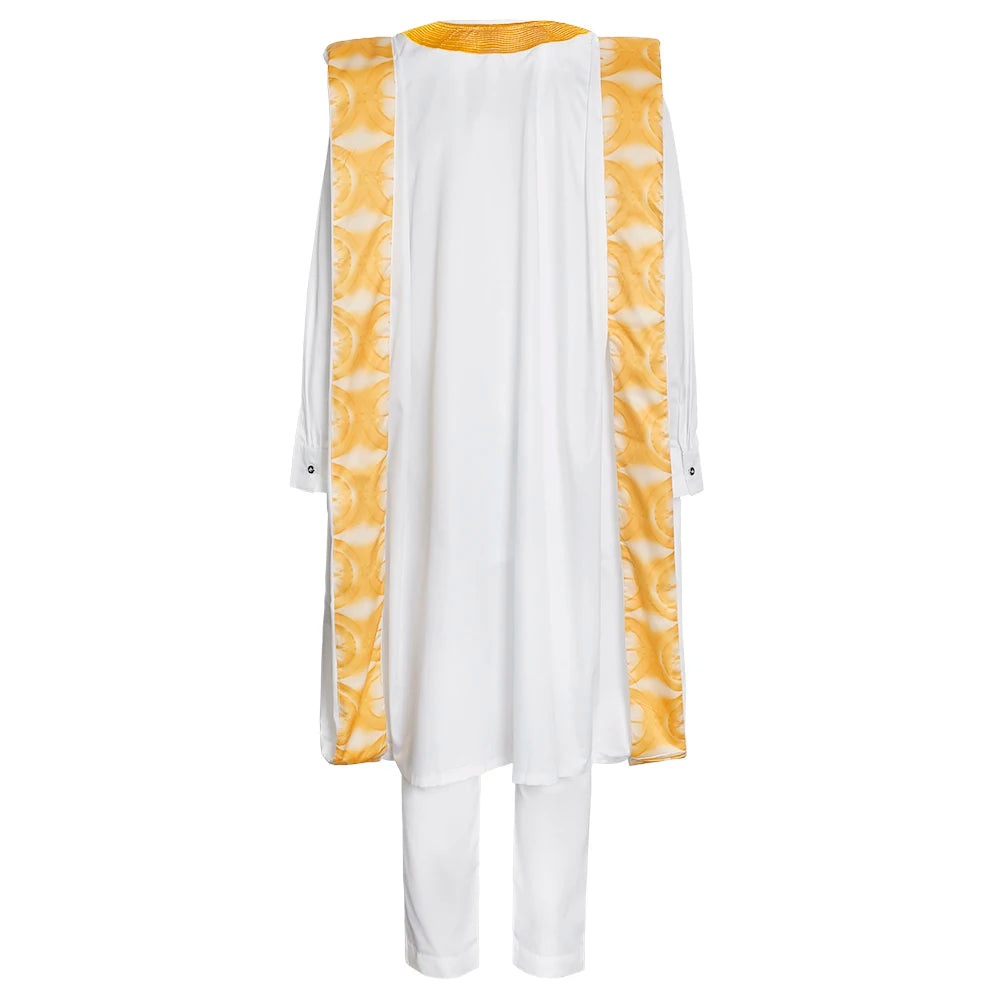 New African Clothes for Men Dashiki Tradition Outfit Robe Embroidery White Tops Pants Suits Bazin Muslim Wedding Party Clothing