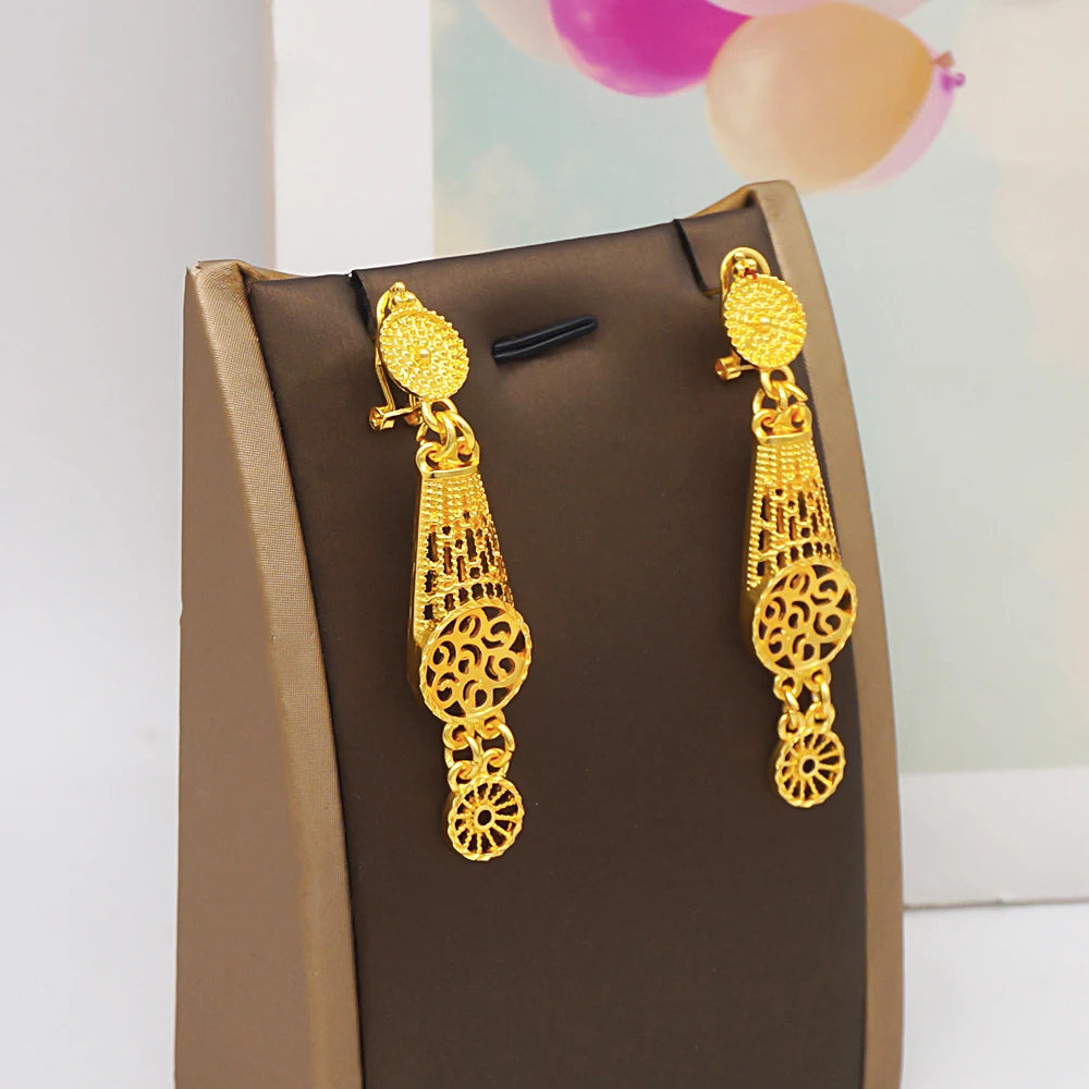 Trendy Nigerian Dubai Gold Color Jewelry Set For Women Tassel Long Chain Bridal Long Necklace Bracelet Earring Ring Wedding Sets