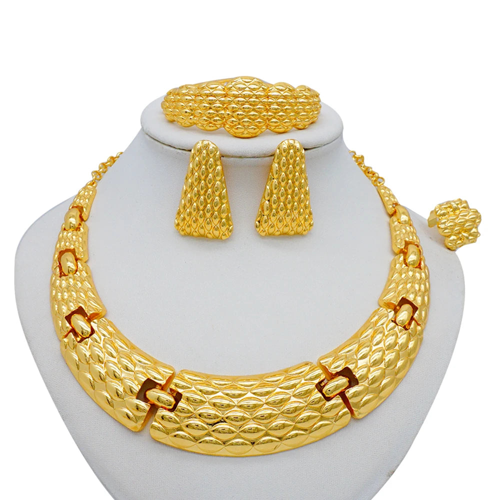 Necklace Sets For Women Dubai African Gold Color Jewelry Set Bride Earrings Rings Indian Nigerian Wedding Jewelery Set Gift