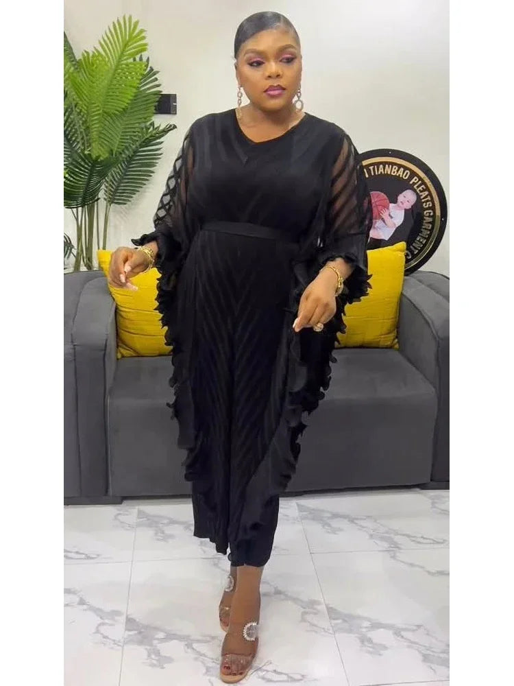 ANLAN Ruffles Pleated Dress Women V Neck Hanging Loose Style Dresses with Belt Female Elegant Clothing Spring 2025 New 2AN9083