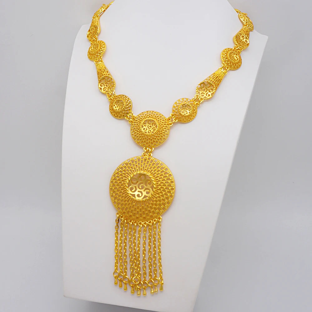 Trendy Nigerian Dubai Gold Color Jewelry Set For Women Tassel Long Chain Bridal Long Necklace Bracelet Earring Ring Wedding Sets