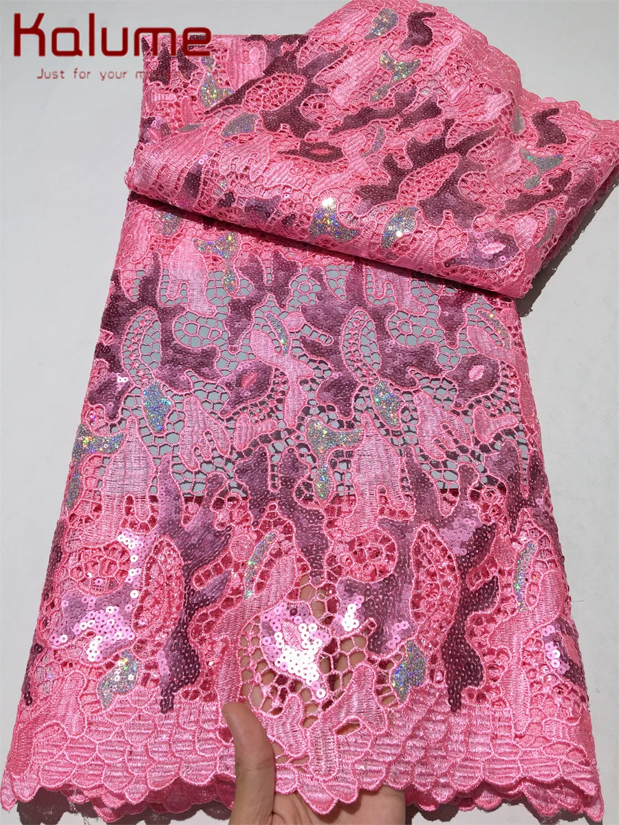 Kalume African Sequins Lace Fabric 2025 High Quality Material Nigerian Guipure Cord Lace Fabric for Party Dress Sewing F4058