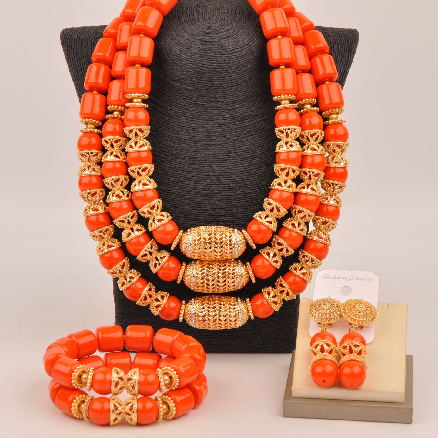 Orange Nigerian Artificial Coral Bead Necklace African Jewelry Sets