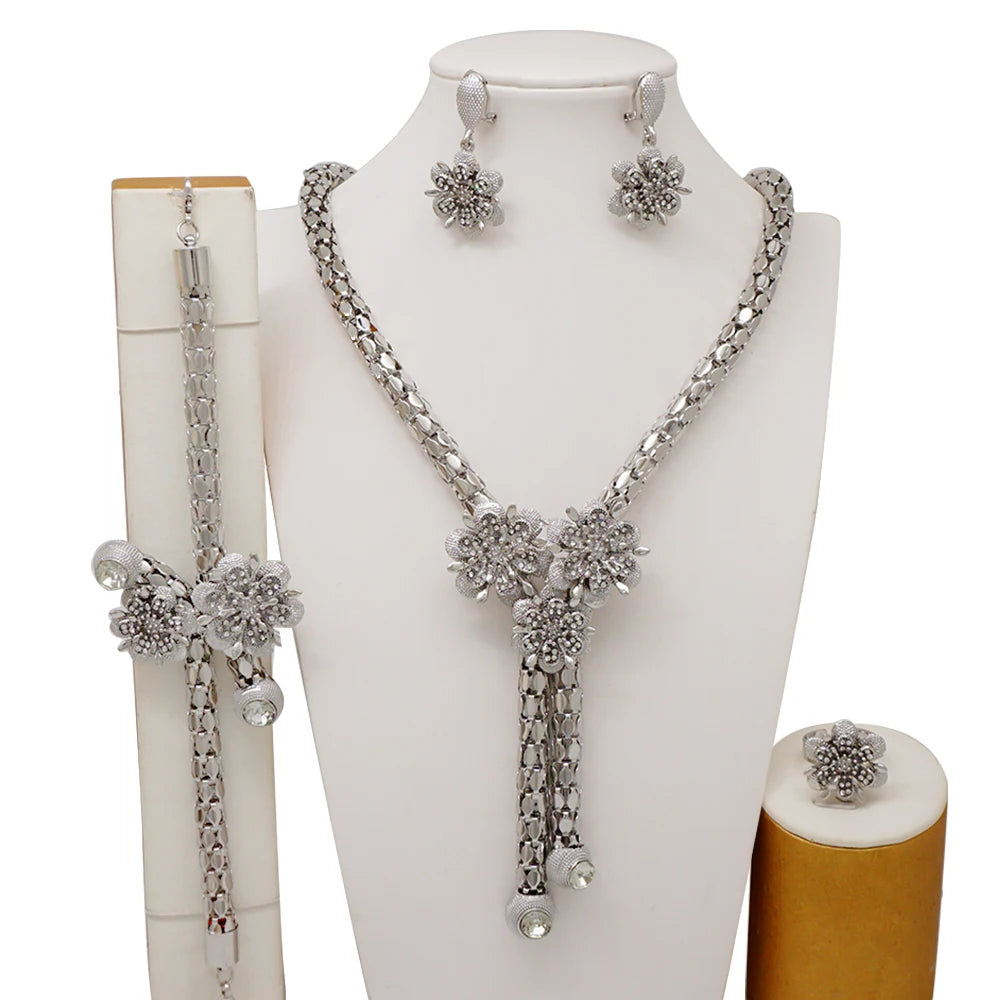 Nigeria Dubai Gold Color Fine Flowers Jewelry Sets African Wedding Gifts Party For Women Bracelet Necklace Earrings Ring Set