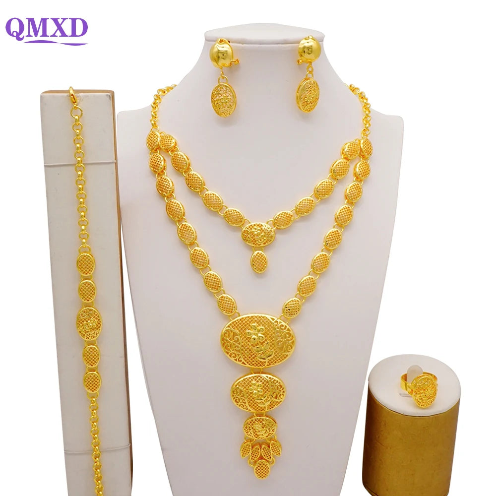 Trendy Nigerian Dubai Gold Color Jewelry Set For Women Tassel Long Chain Bridal Long Necklace Bracelet Earring Ring Wedding Sets