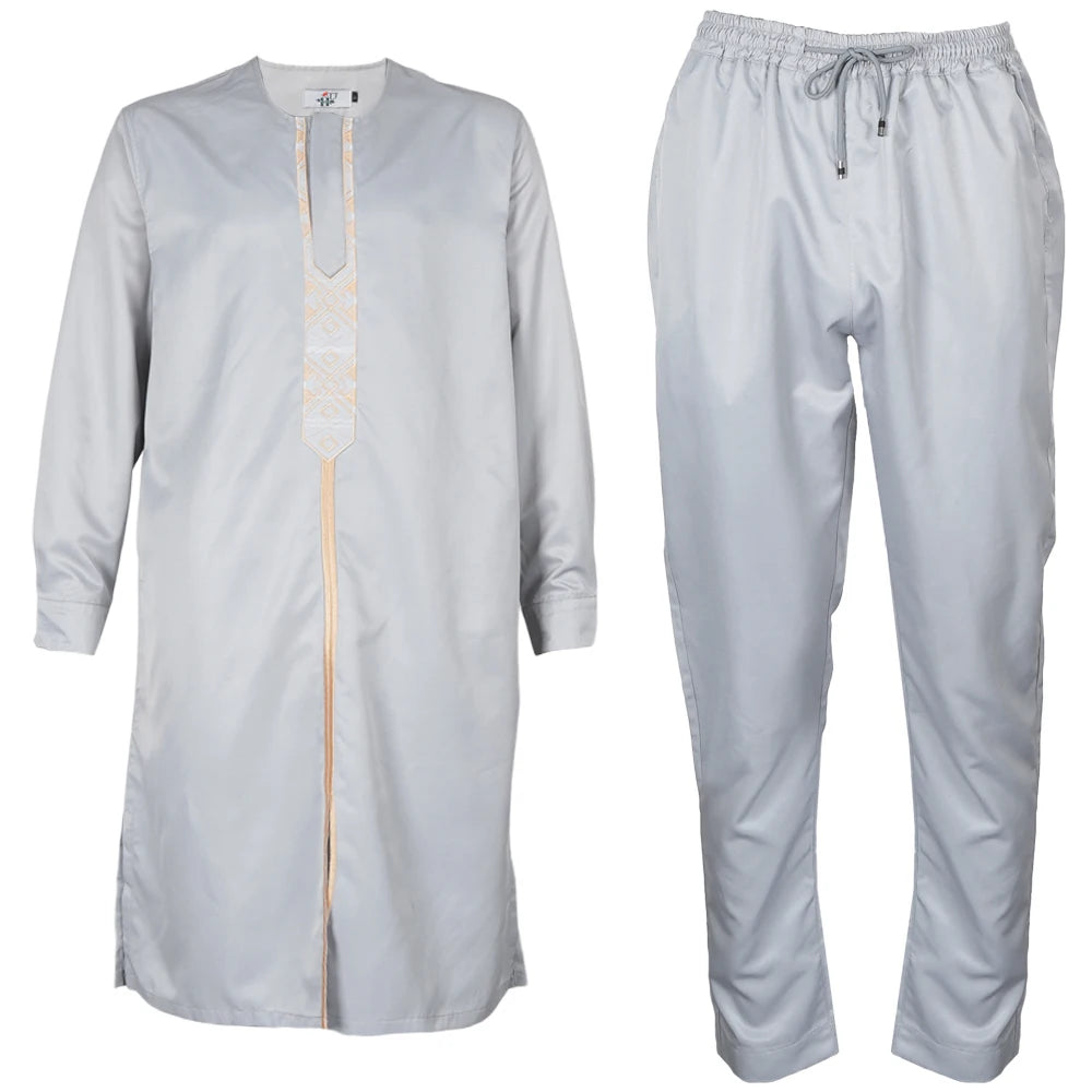 H&D African Agbada Robe Men 2 Pieces Set Embroidery Dashiki Shirt Africa Clothes Long Sleeve Cover Tops Pants Suit Robes Outfit