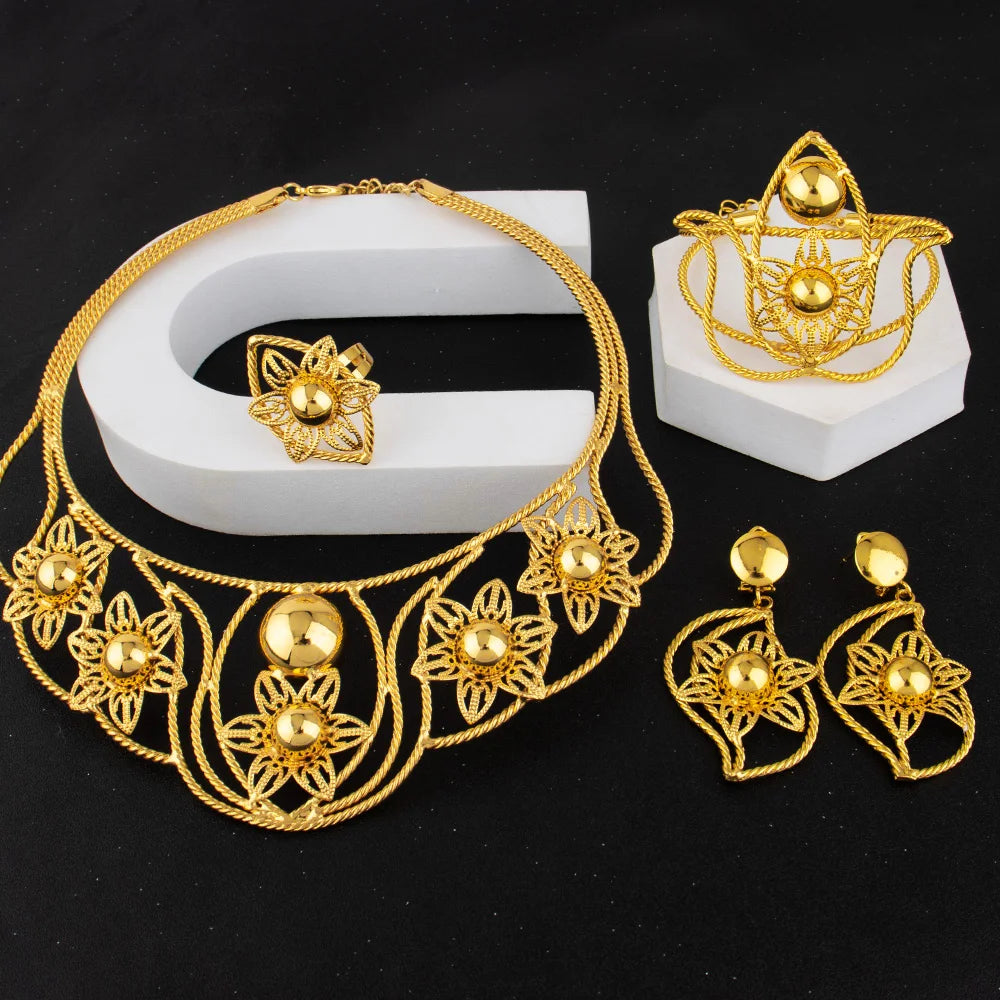 Exaggerated Gold Color Hollow Flower Shape Necklace Earrings Ring Bracelet Set for Women Gold Plated Jewelry Gift for Party