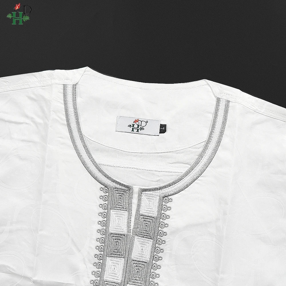 H&D New In African Summer Men's Long Sleeve Suit White Embroidery Dashiki Shirt Pants Sets 3 Pieces Outfits Wedding Party 2025