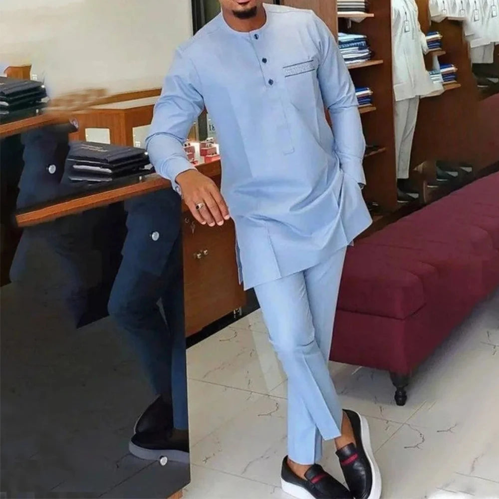 New Men's Tenos Wedding 2-Piece Suit Waist Pants Shirt Solid Color Panel Long Sleeve Party African Ethnic Style Clothing (M-4XL)