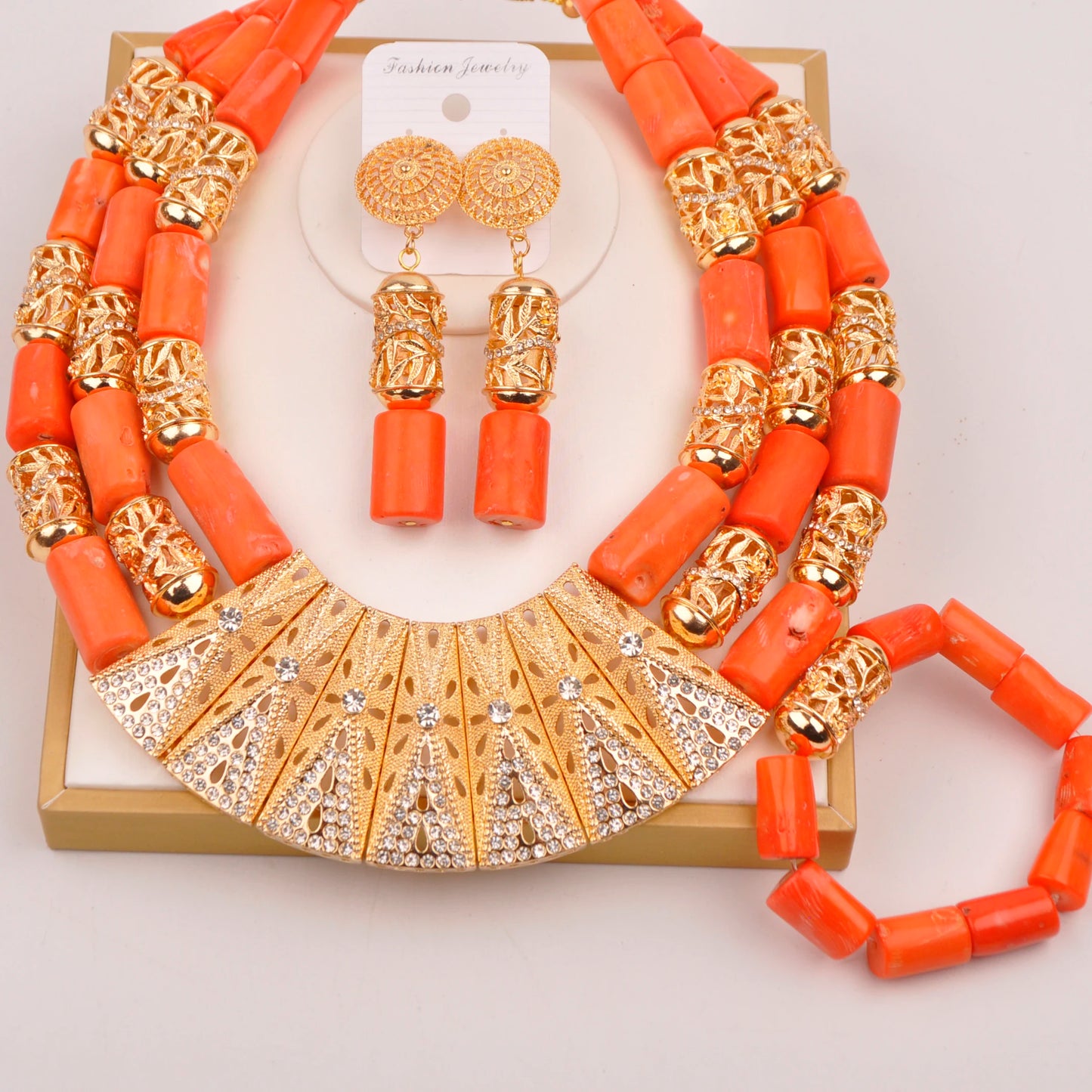 Orange Nigerian Artificial Coral Bead Necklace African Jewelry Sets