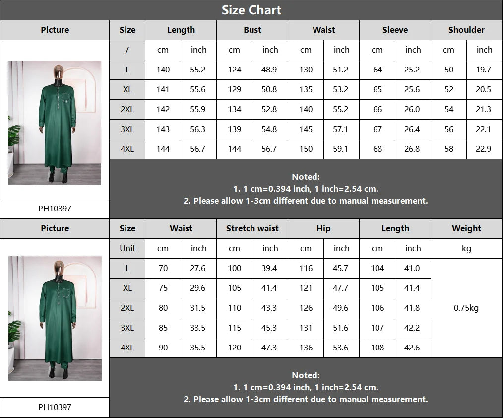 H&D 2025 African Nigerian Fashion Men Green Traditional Outfits Muslim Thobe Suit Complete Print 2 PCS Clothing Ramadan Sets