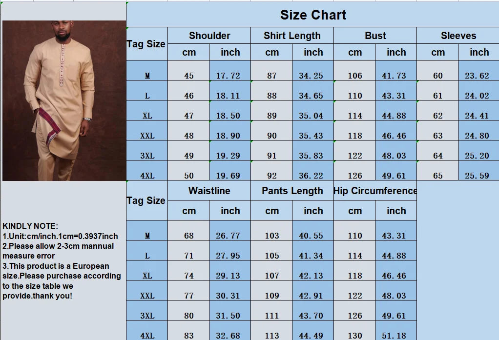 New Men's Sets African Men's Suit Long Sleeve Embroidery Ethnic Style Shirt and Pants 2Piece Outfit Social Male Designer Clothes