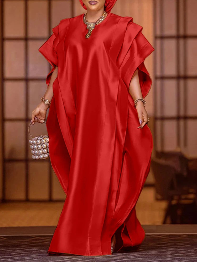 VONDA Plus Size 5XL Elegant Maxi Long Dress 2024 Fashion Satin Dress Sexy Printed Patchwork Bat-wing Sleeve Vestidos Ruffle Robe