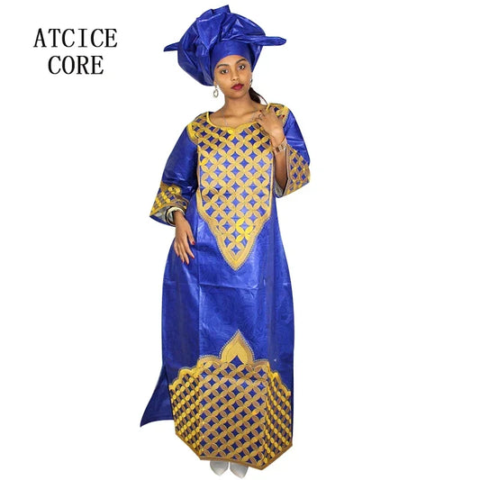 African Dress For Woman Bazin Riche Embroidery Design Long Dress With Scarf