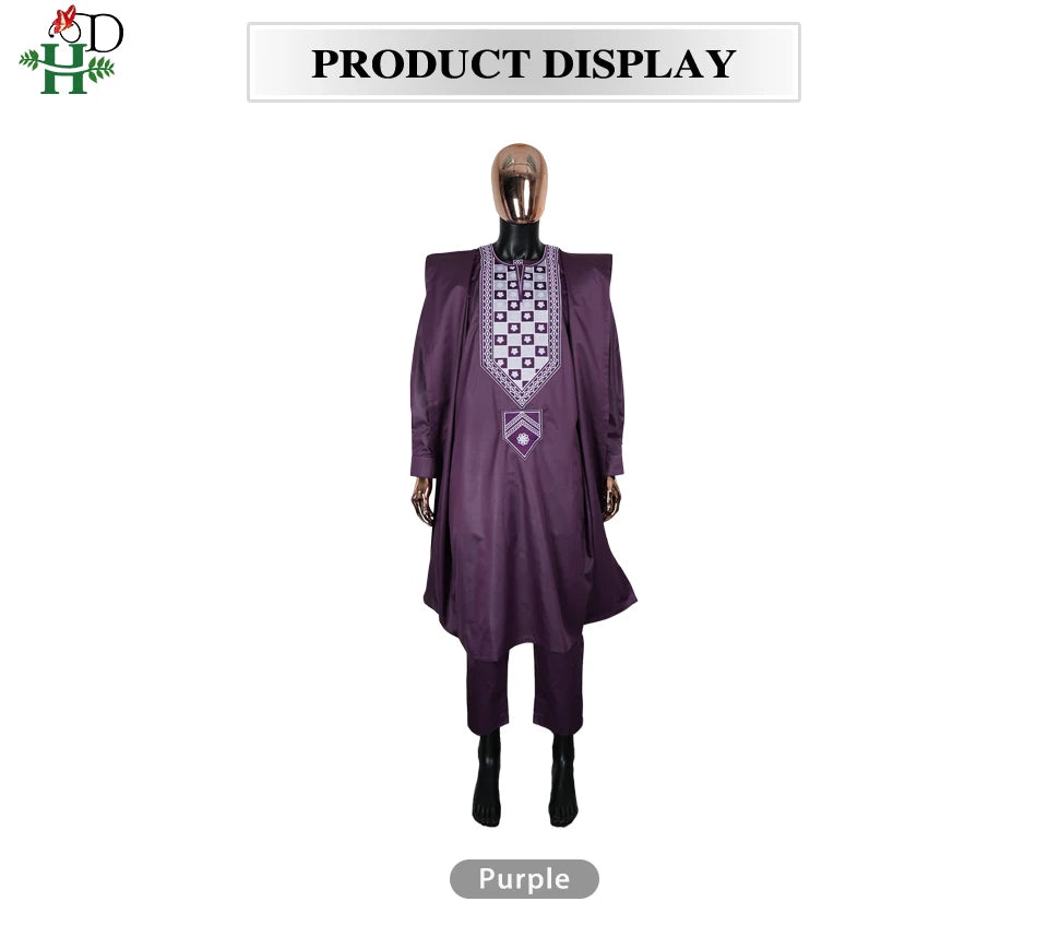H&D African For Men Traditional 3PCS Outfit Thobe Set Purple Agbada Embroidered Robe Plus Size Wedding Christmas BouBou Ramadan