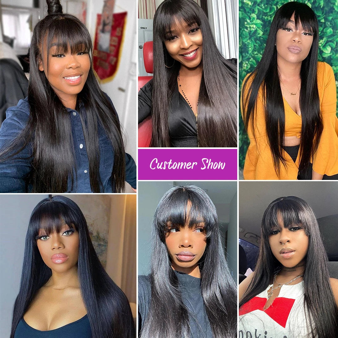 Silky Straight Human Hair Wigs With Bang Full Machine Made Wigs 8-30inch Natural Color AHJF Peruvian Remy Human Hair Wigs 180%