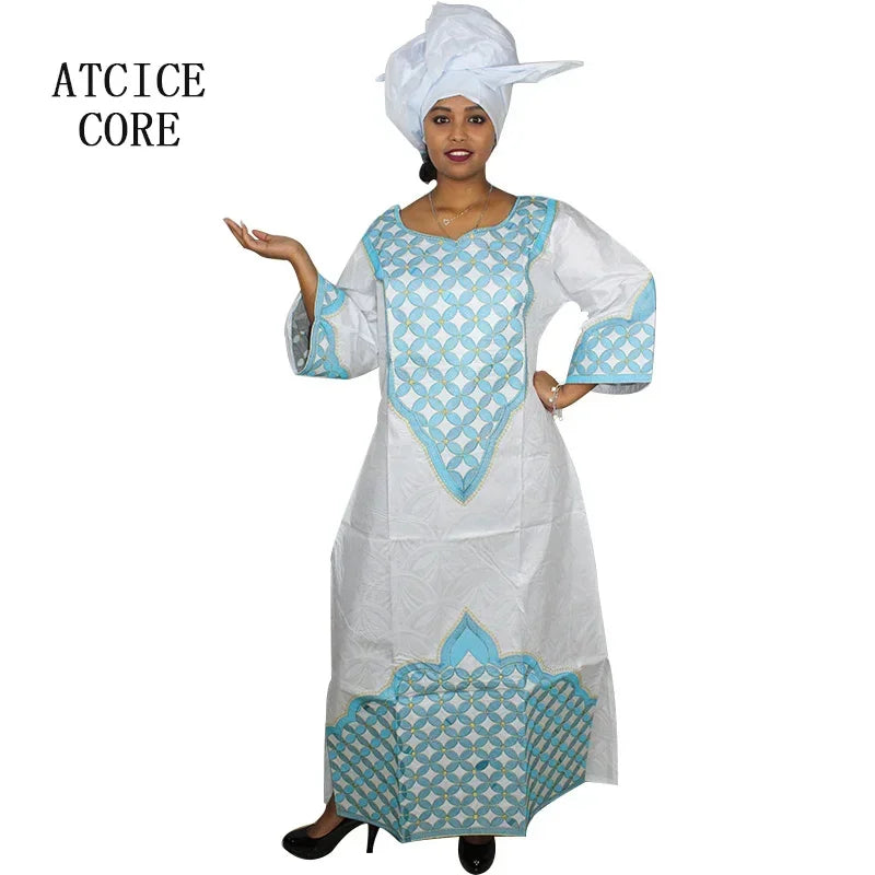 African Dress For Woman Bazin Riche Embroidery Design Long Dress With Scarf