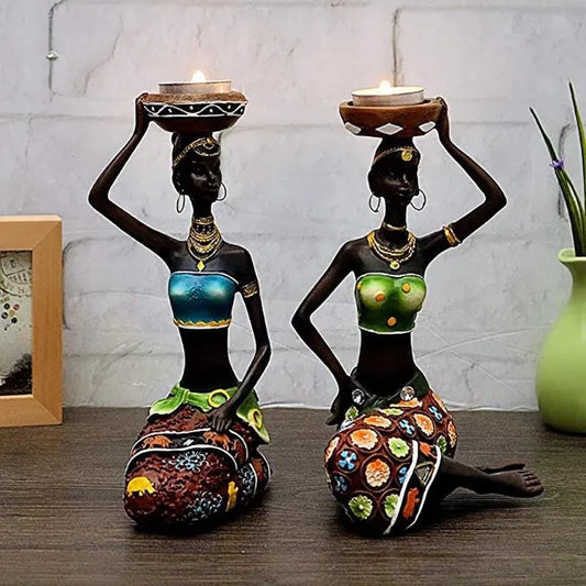 Candle Holders African Women 8.5" Decor for Table Desk Decorative Dining Room Candleholder Sculptures Resin Candlestick Vintage