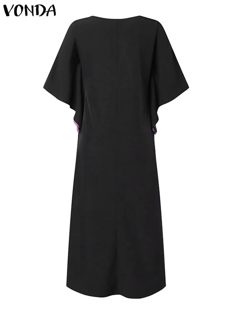 Plus Size VONDA Women Party Dress 2024 Bohemian Printing Sundress Casual Loose 3/4 Sleeve Robe Vintage Bat-wing Sleeve Vestidos