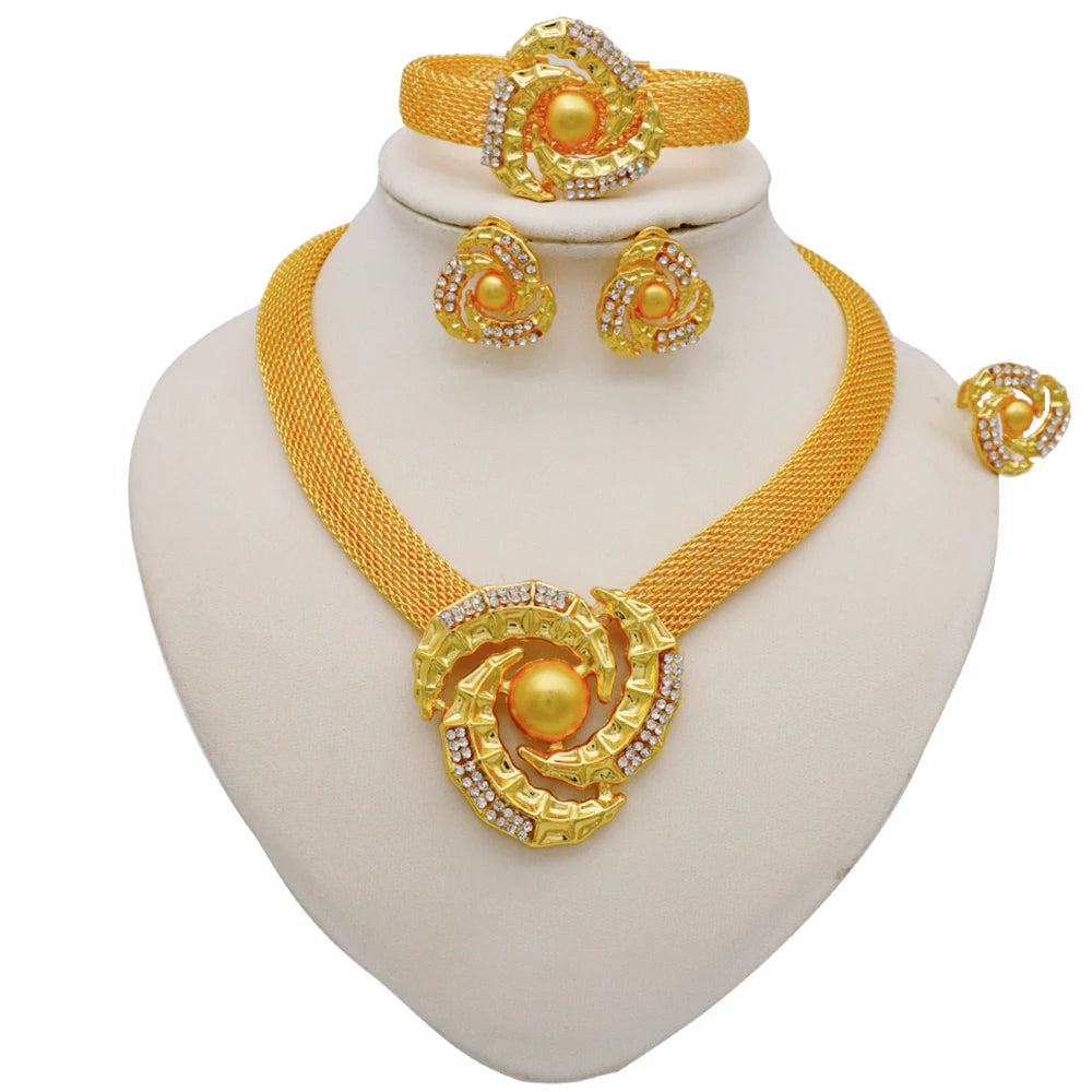 Nigeria Dubai Gold Color Fine Flowers Jewelry Sets African Wedding Gifts Party For Women Bracelet Necklace Earrings Ring Set
