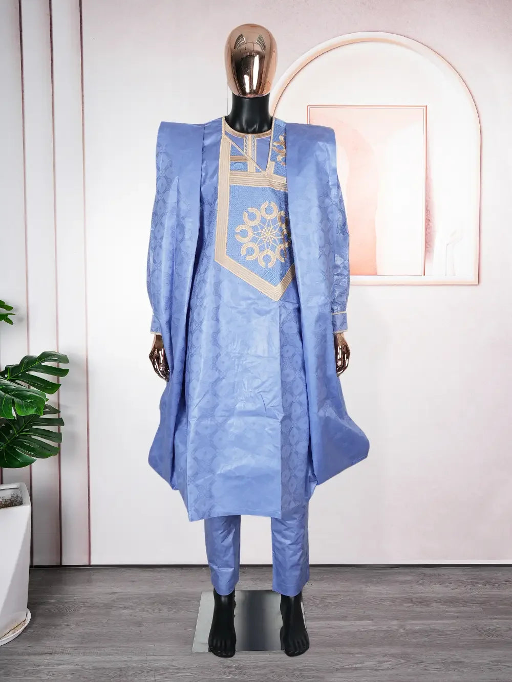 H&D African Traditional Muslim Ramadan Embroidery Wedding Party Thobe Bazin Riche Outfits 3PCS Robe Suit No Cap For Men Agbada
