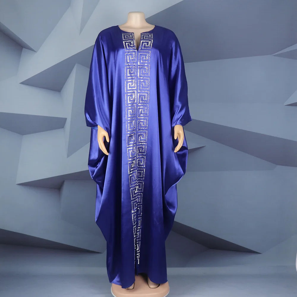 2025 High Quality African Women Plus Size Dress Bat Sleeve V Neck Robes Diamond Dashiki Maxi Dresses Muslim Femme Elegant Abayas