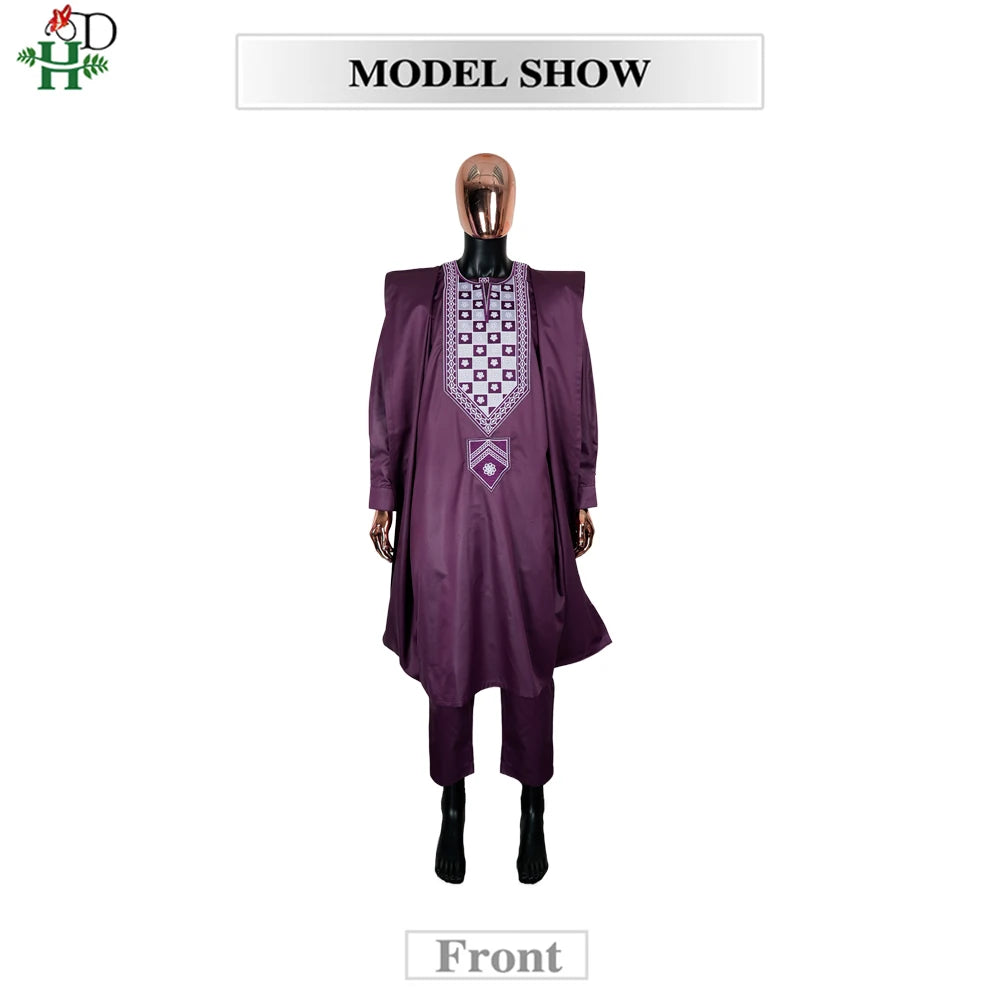 H&D African For Men Traditional 3PCS Outfit Thobe Set Purple Agbada Embroidered Robe Plus Size Wedding Christmas BouBou Ramadan