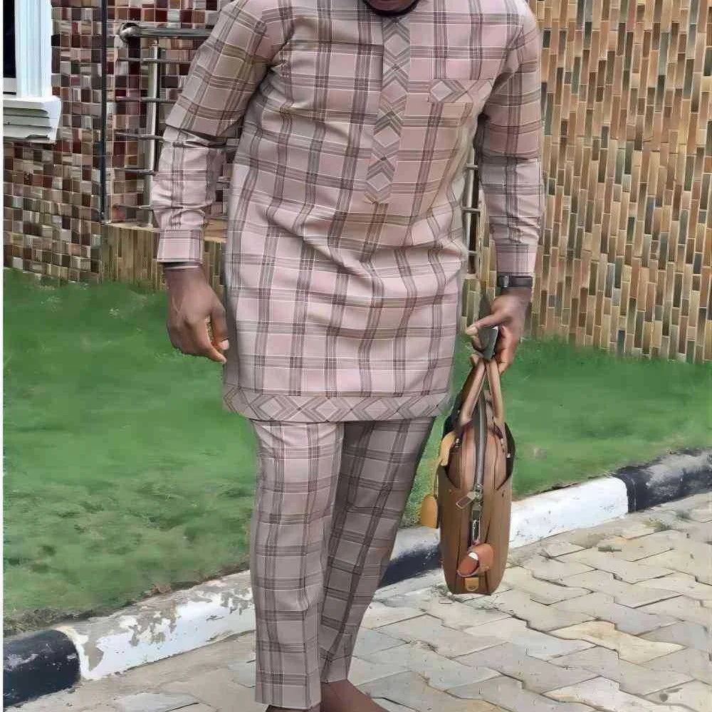 2025 New Men's Plaid Printing Casual Suit Long Sleeve Shirt Pants Two Pieces African Traditional Clothing Muslim Kaftan Outfits