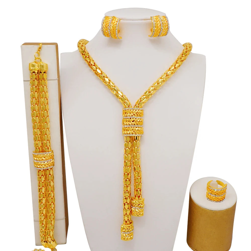Necklace Sets For Women Dubai African Gold Color Jewelry Set Bride Earrings Rings Indian Nigerian Wedding Jewelery Set Gift