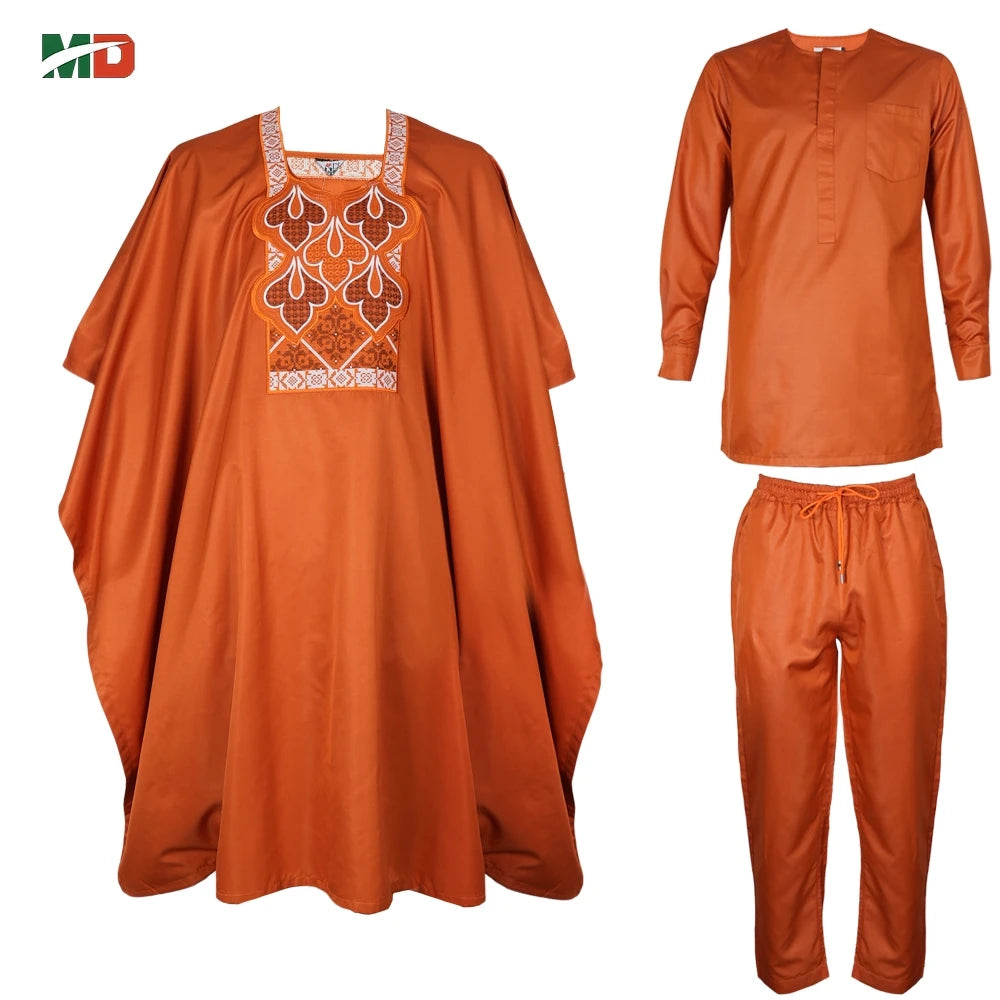 MD 2025 African Boubou Men Agbada 3 pieces Set Orange Dashiki Mens Shirt Pants Suit Embroidered Clothes Wedding Tops Pants Suit
