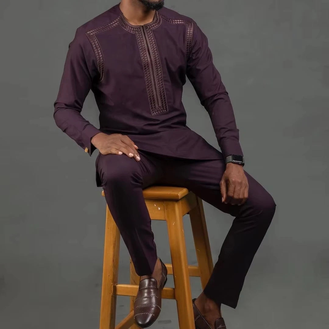 2024 African Youth Stand Collar Slim Fit Brown Ordinary Spring And Autumn Casual Shirt Dashiki Suit Muslim Suit Rich Bazin