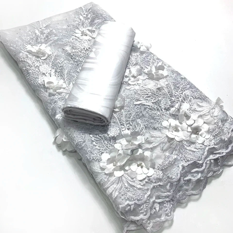 2.5 +2.5 Yards Latest African Lace Fabric 2025 High Quality Embroidered 3d Nigerian France Tulle Bazin Riche for Wedding Dress