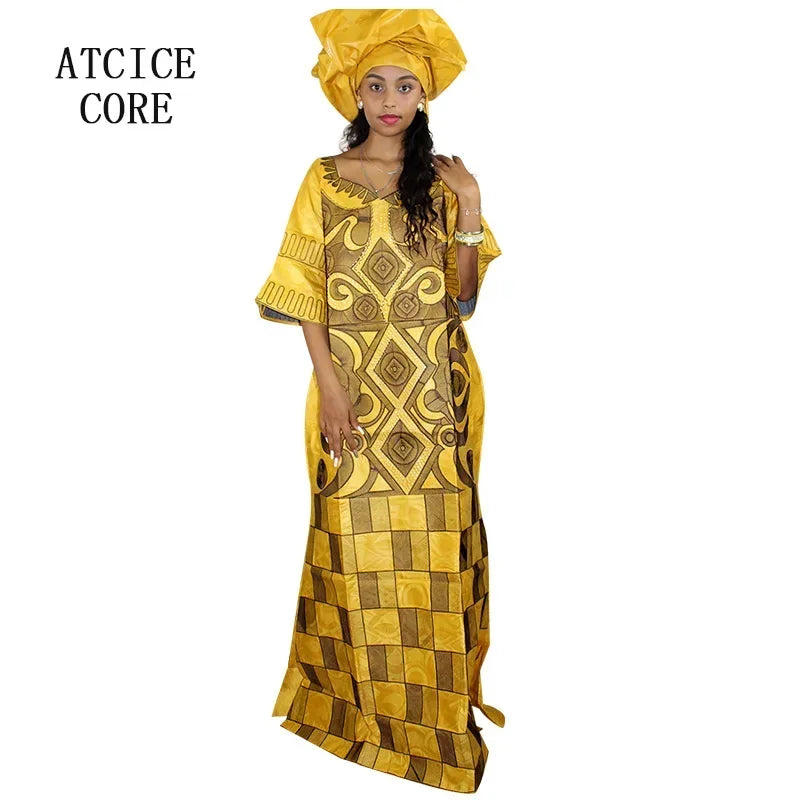 African Dresses For Woman Bazin Riche Computer Emboridery Plus Size Long Dress With Scarf