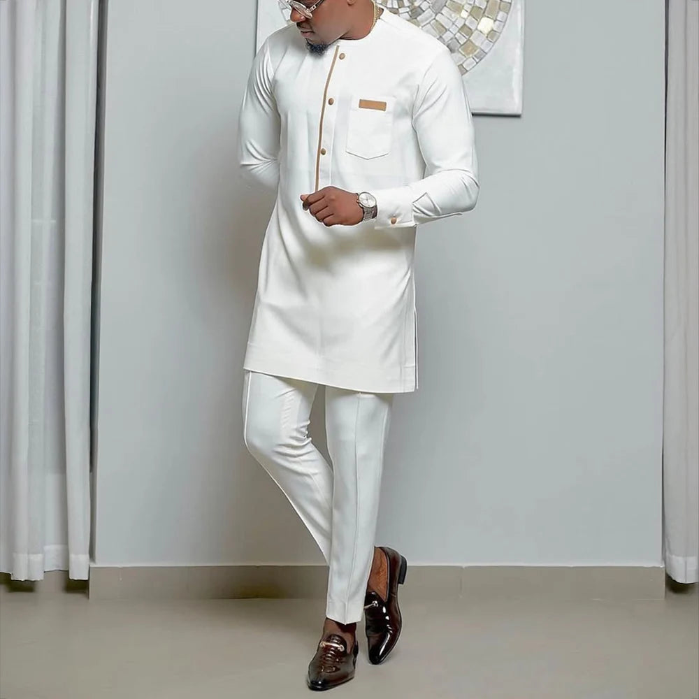 2026 Men's Elegant Long Sleeve Suit Shirt Pants 2-piece Round Neck Stitching Solid Color Party Long Sleeve African Ethnic Style