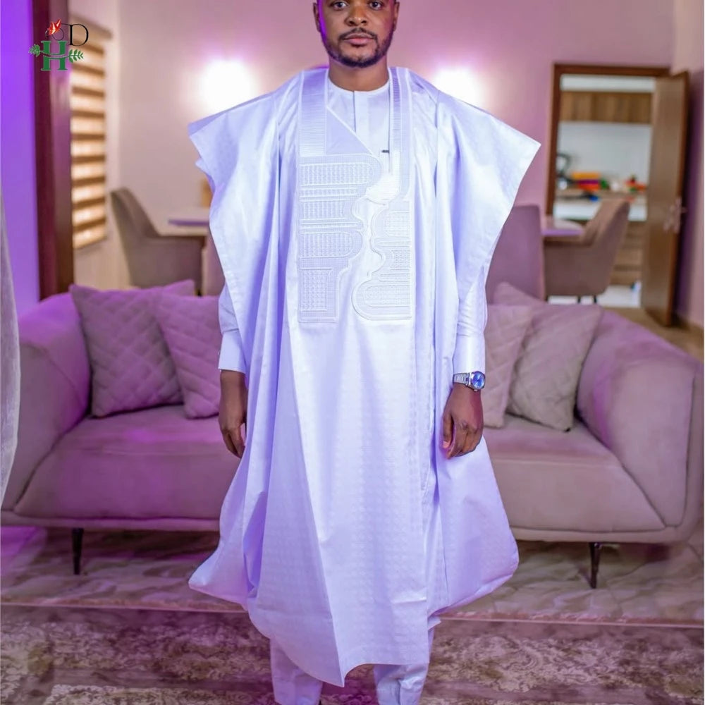 African Clothes Embroidery Bazin Riche Bubu Gown For Men Church Party Wedding Thobe 3 PC Top and Pants White Suit Set Daily Wear