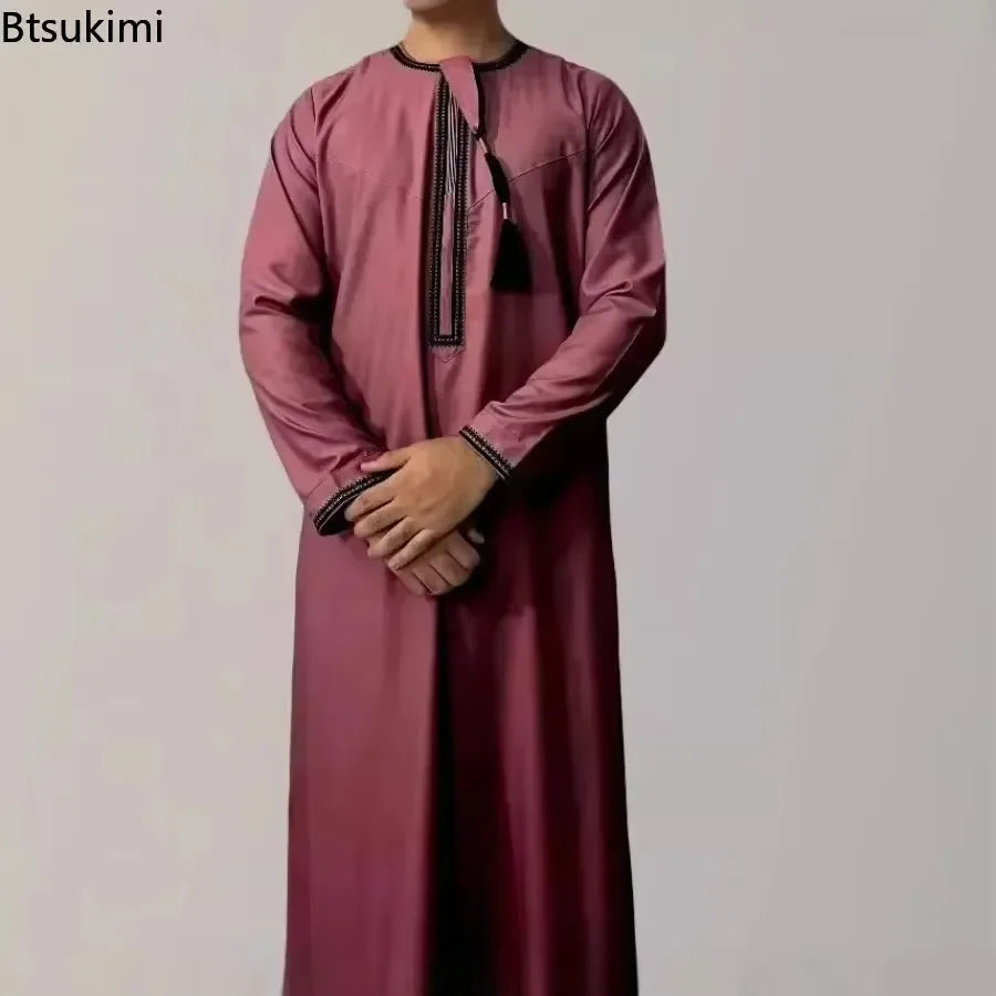 New Men's Muslim Fashion Abayas Dress O Neck Long Sleeve Pullover Kaftan Pakistan Saudi Arab Caftan Islamic Clothing Prayer Robe