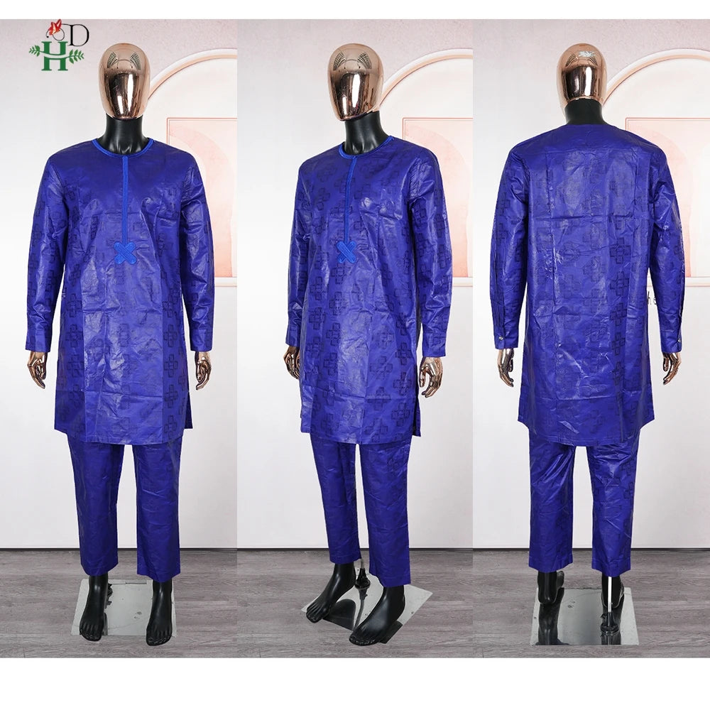 H&D African Clothing Traditional 3PCS African Outfit For Man Blue Bazin Riche Agbada Embroidered Wedding Party Robe Plus Size