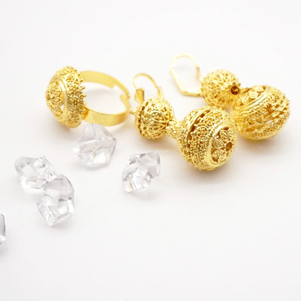 Trendy Nigerian Dubai Gold Color Jewelry Set For Women Tassel Long Chain Bridal Long Necklace Bracelet Earring Ring Wedding Sets