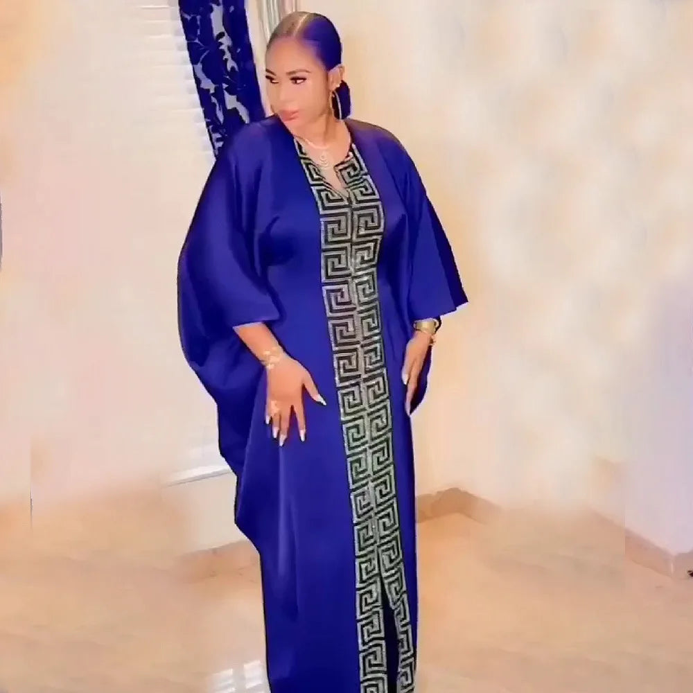 2025 High Quality African Women Plus Size Dress Bat Sleeve V Neck Robes Diamond Dashiki Maxi Dresses Muslim Femme Elegant Abayas