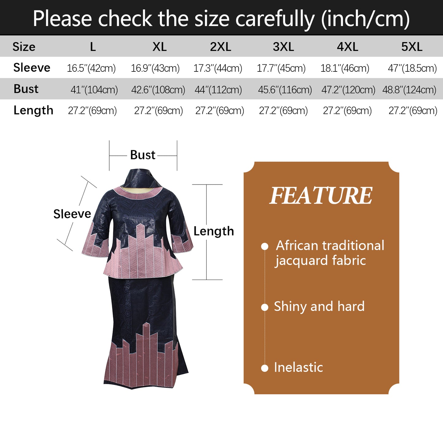 African Dresses For Women 3/4 Sleeve Top With Wrapper And Scarf 3pieces One Set 2 Size Smaller Than Us Size