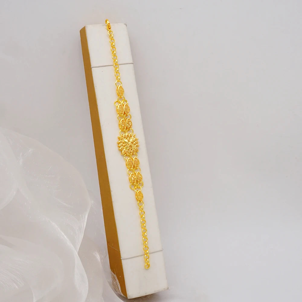 Dubai Gold Color Jewelry Set For Woman Bridal Nigerian African Long Chain Necklace Earrings Bracelet Ring Jewellery Set