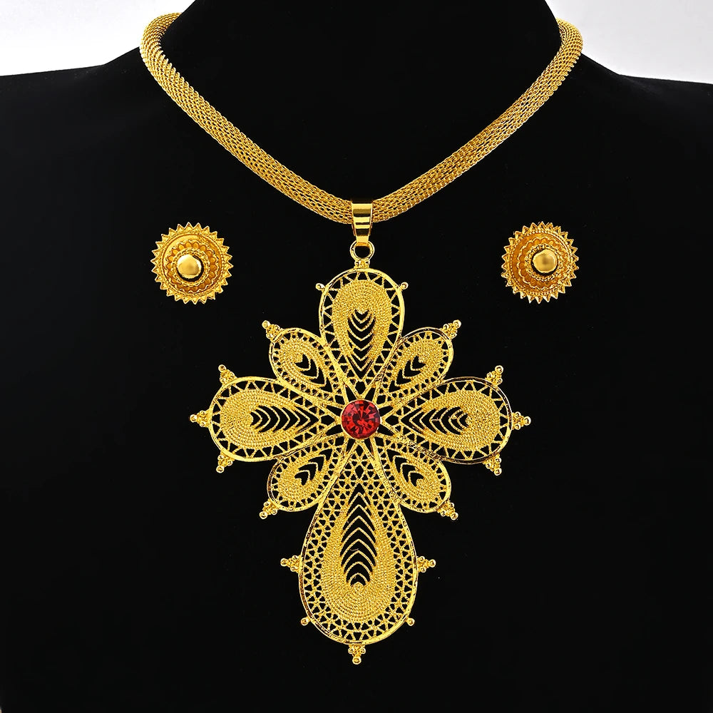 Saudi Arabia 24K Gold Color Ethiopia Women Jewelry Necklace Earring African Arab Bridal Set Habesha Eritrea Party Gift