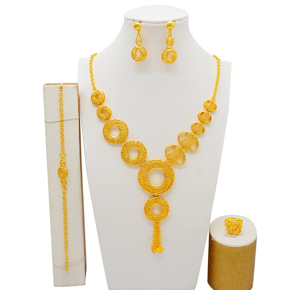 Arabic Women Gold Color Jewelry Sets Featured Round Pendant Earrings Rings Bracelets Suitable for Wedding Banquets Parties