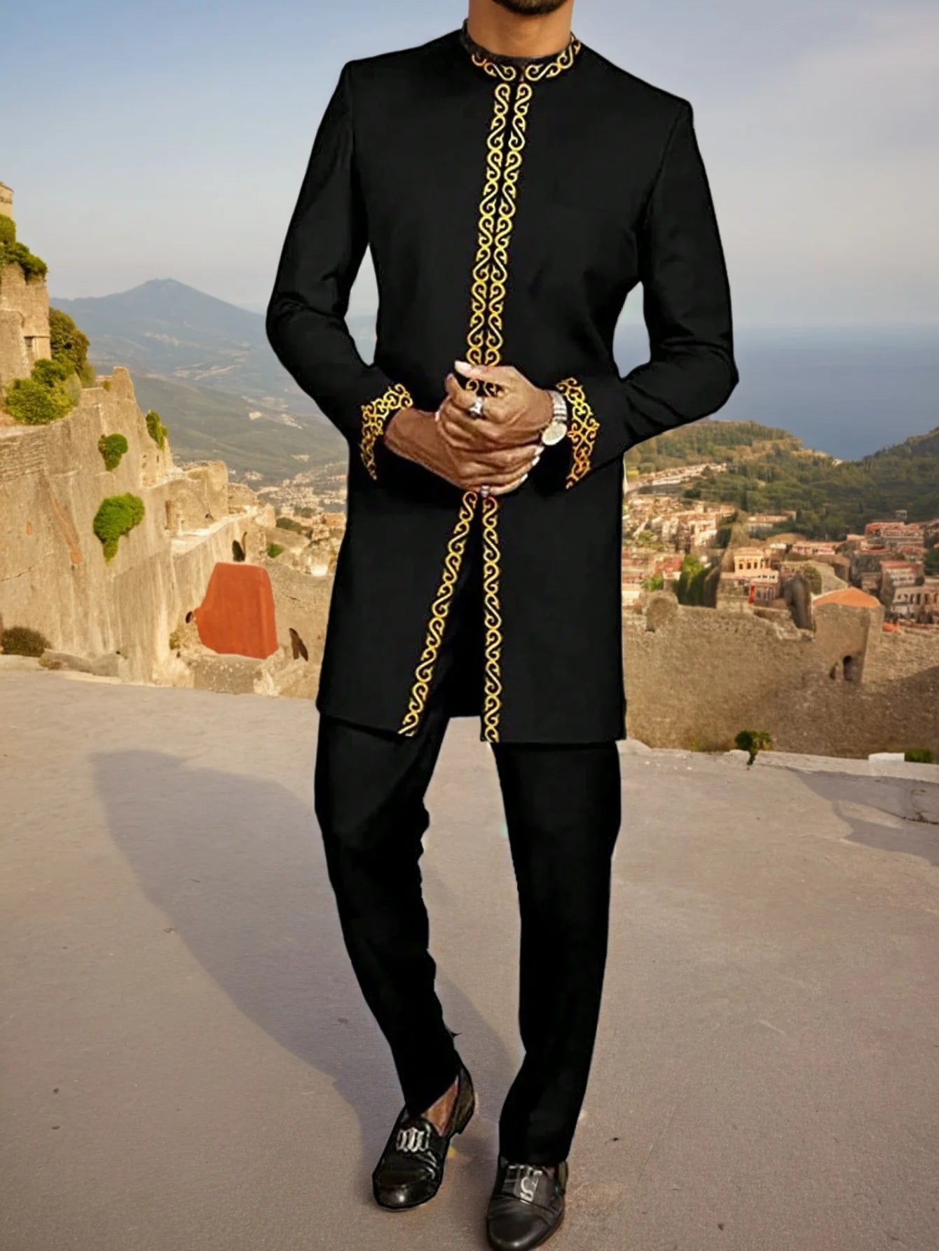 Kaftan Elegant Men's Suit Long Sleeve Ethnic Style Casual EmbroideryTop And Pants 2PCS Sets African Fashion Traditional Outfits