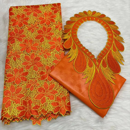 2024 High Quality 2.5yards Bazin Riche Brocade Fabric +2.5 Yards African Cotton Lace Fabric with Collar Set for Dress  M4-1212-1